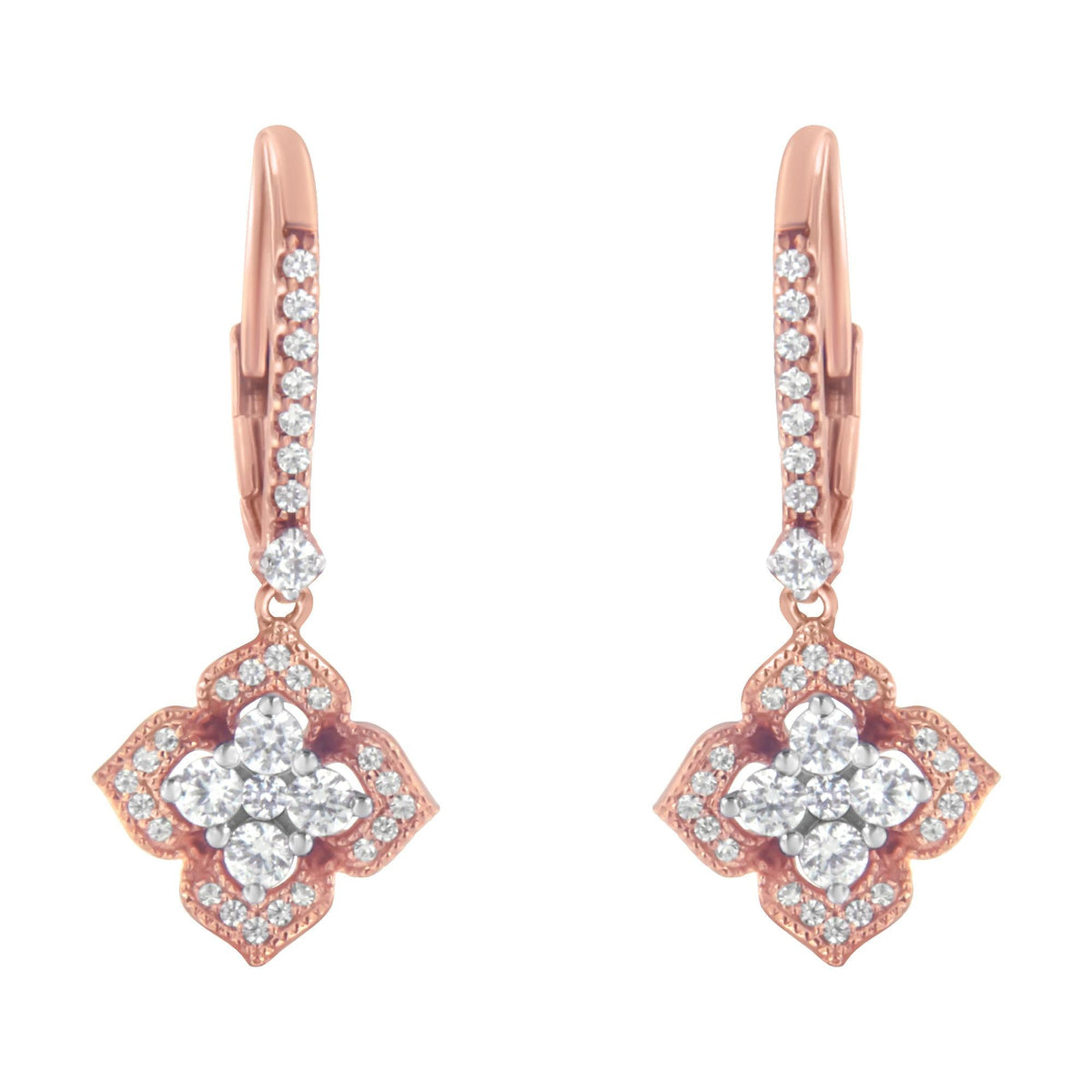 10K Rose Gold 3/4 Cttw Diamond Flower Drop Dangle Earring (I-J Color, I1-I2 Clarity)