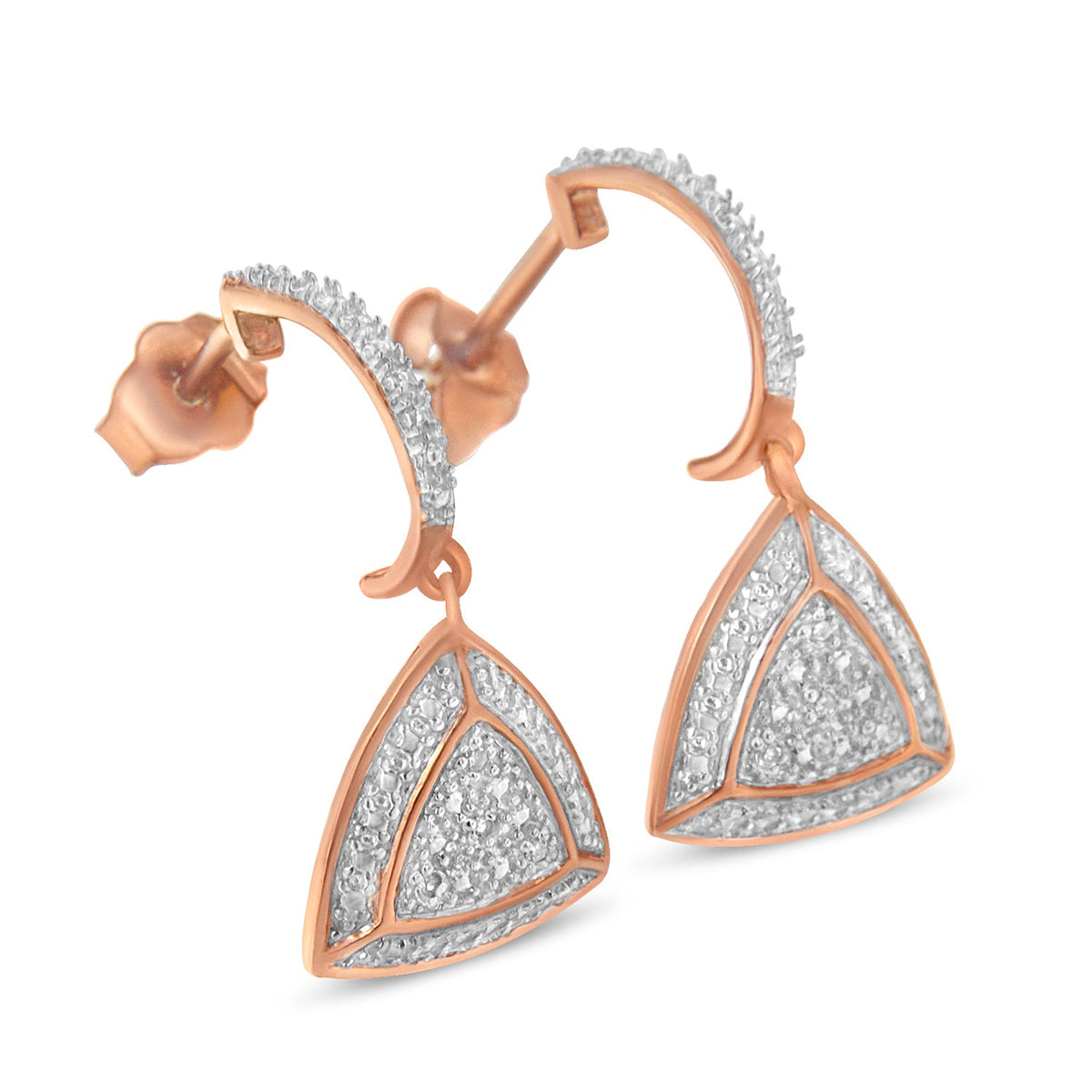 14K Rose Gold Plated .925 Sterling Silver Diamond-Accent Trillion Shaped 4-Stone Halo Style Dangle Earrings (H-I Color, I2-I3 Clarity) - JackiEaslick