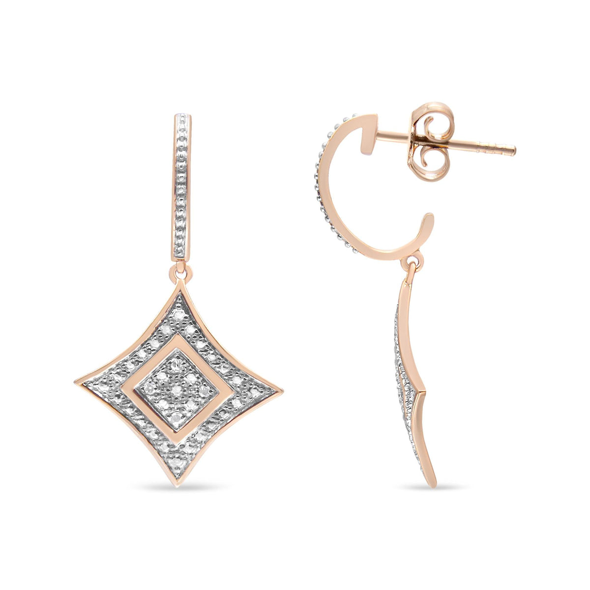 14K Rose Gold Plated .925 Sterling Silver Round-Cut Diamond Accent Dangle Rhombus Earrings (H-I Color, I2-I3 Clarity) - JackiEaslick