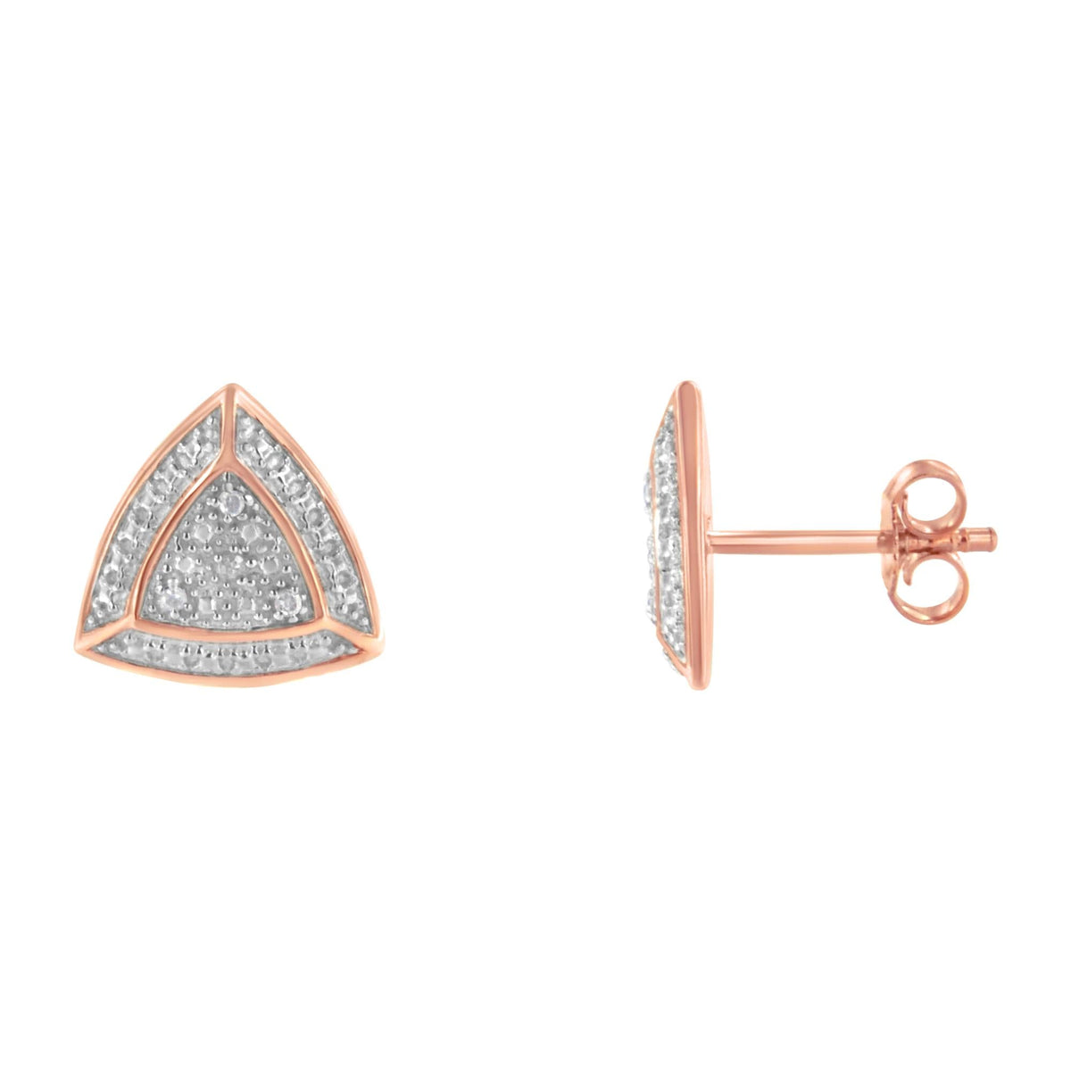 14K Rose Gold over .925 Sterling Silver Diamond-Accented Trillion Shaped 4-Stone Halo-Style Stud Earrings (H-I Color, I2-I3 Clarity) - JackiEaslick