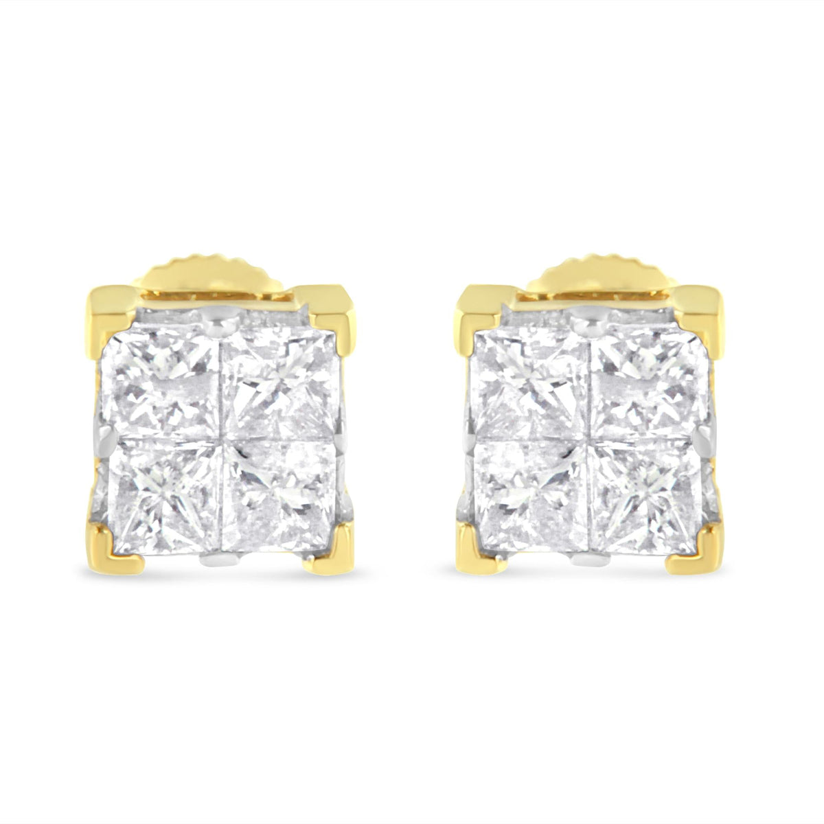 10K Yellow Gold 3/4 Cttw Invisible Set Princess-Cut Diamond Composite Square Stud Earrings (I-J Color, I2-I3 Clarity) - JackiEaslick