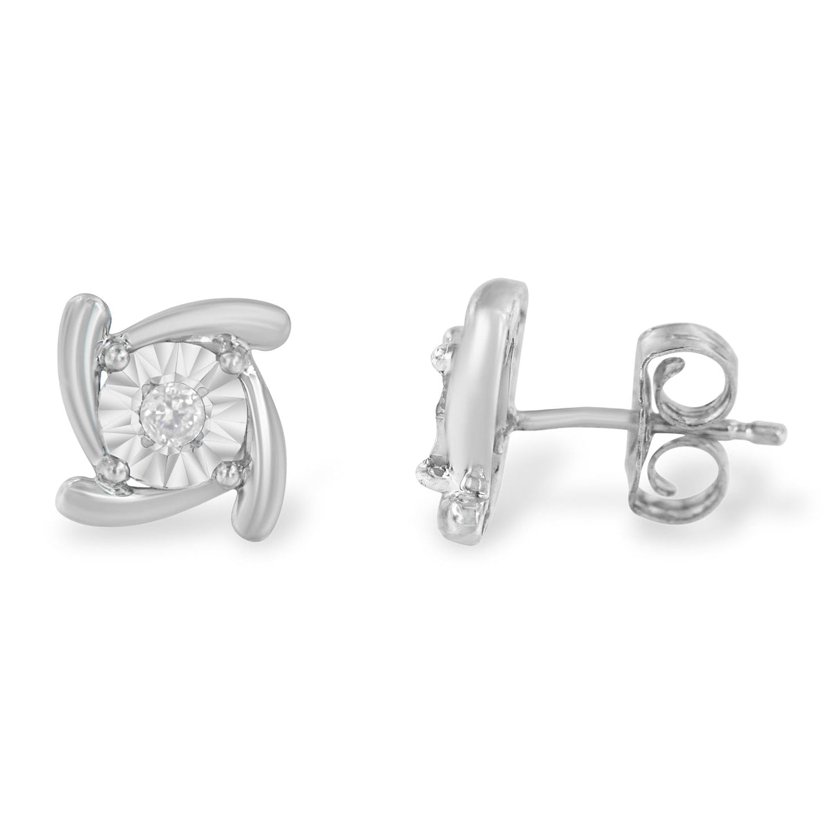 .925 Sterling Silver 1/10 Cttw Round Brilliant-Cut Near Colorless Diamond Miracle-Set Square Pinwheel Stud Earrings (I-J Color, I3 Clarity) - JackiEaslick