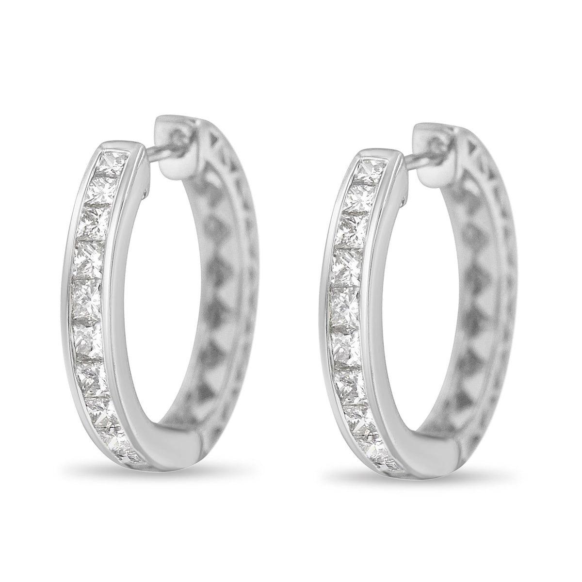 10K White Gold 1.0 cttw Channel Set Princess-Cut Diamond Hoop Huggy Earrings (I-J, I2-I3) - JackiEaslick