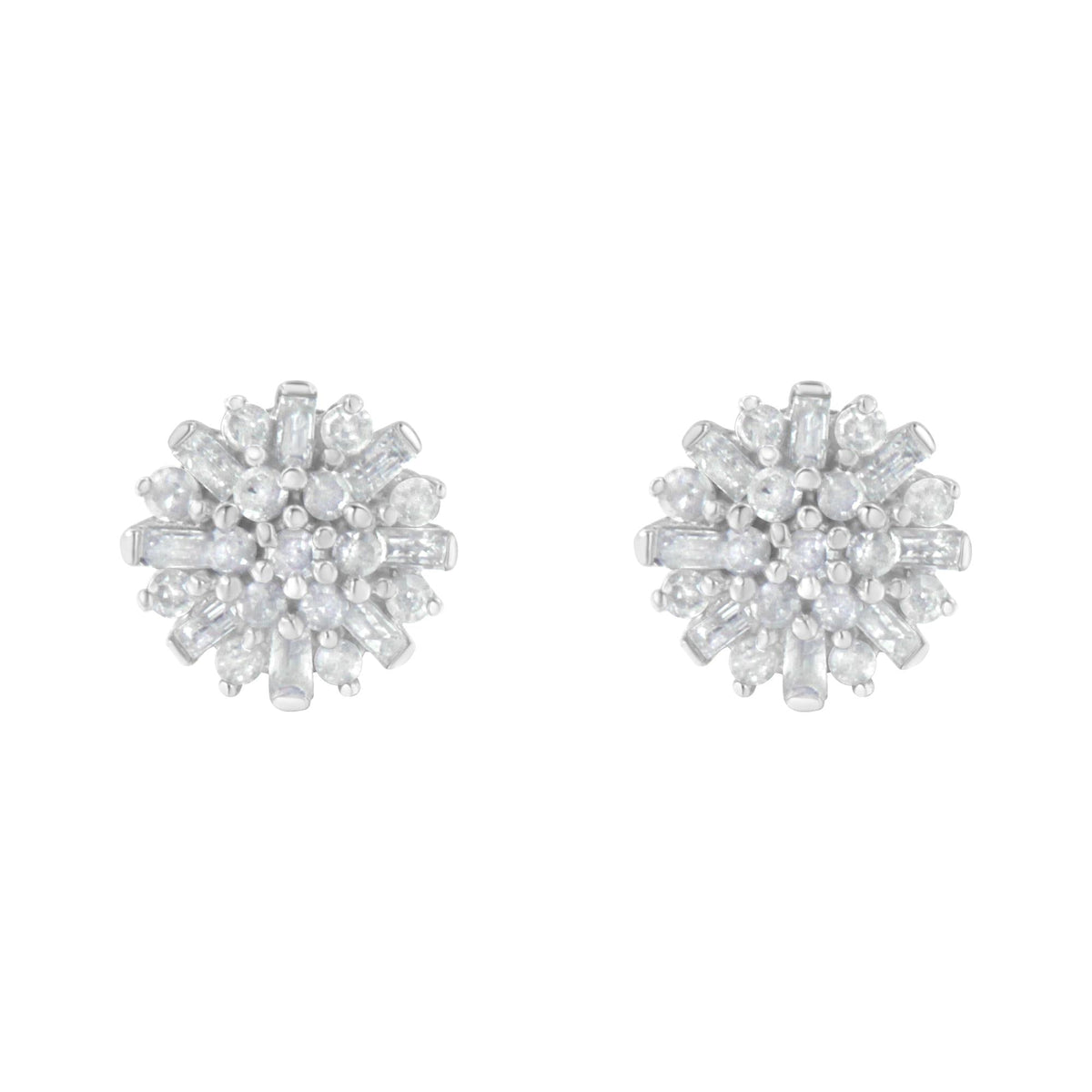 .925 Sterling Silver 1/2 Round and Baguette Diamond Sunburst Floral Cluster Stud Earrings (I-J Color, I3 Clarity)