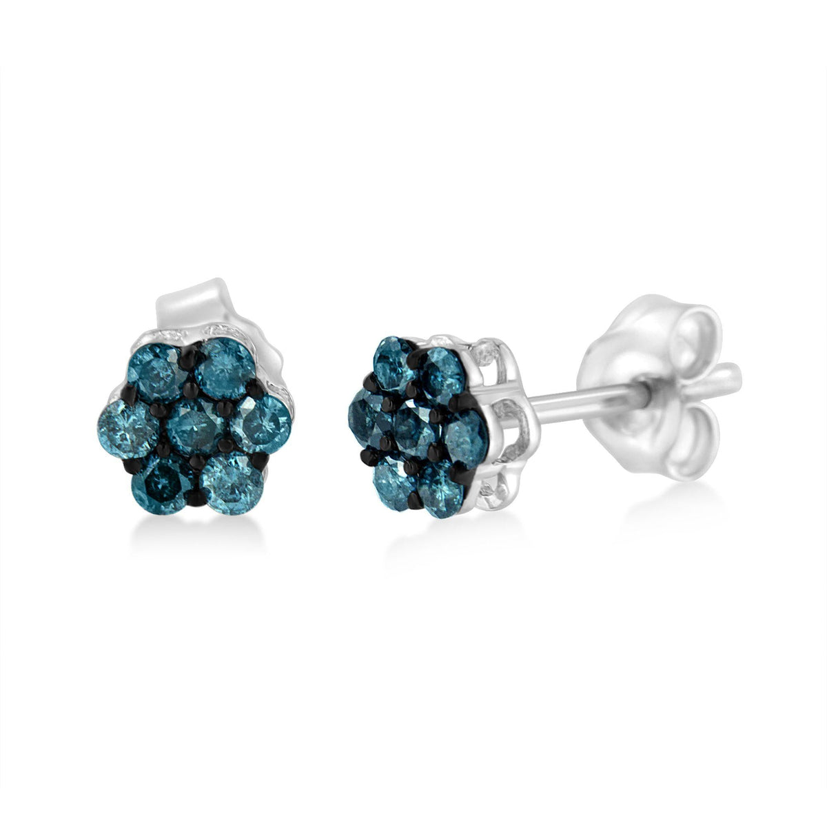 Sterling Silver Treated Blue Diamond Floral Stud Earrings (1/2 cttw, Blue Color, I2-I3 Clarity) - JackiEaslick