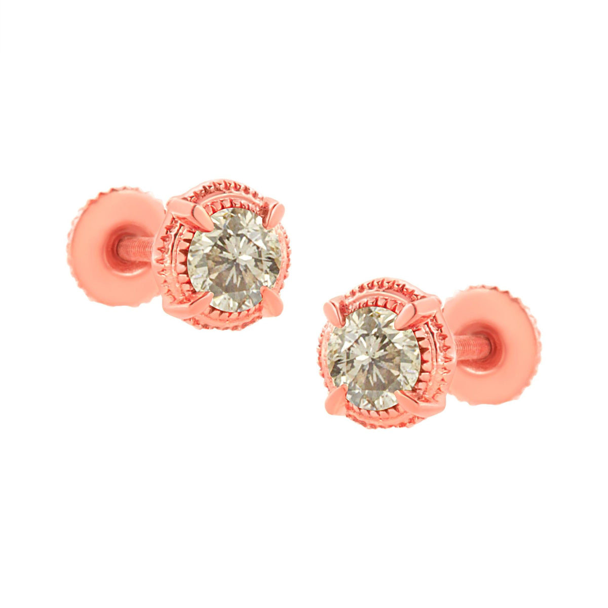 .925 Sterling Silver Round Brilliant Cut Diamond Solitaire Milgrain Stud Earrings