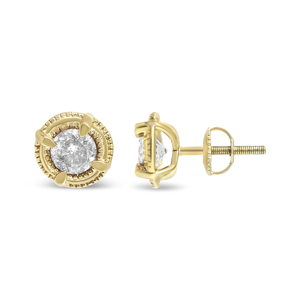 .925 Sterling Silver Round Brilliant Cut Diamond Solitaire Milgrain Stud Earrings