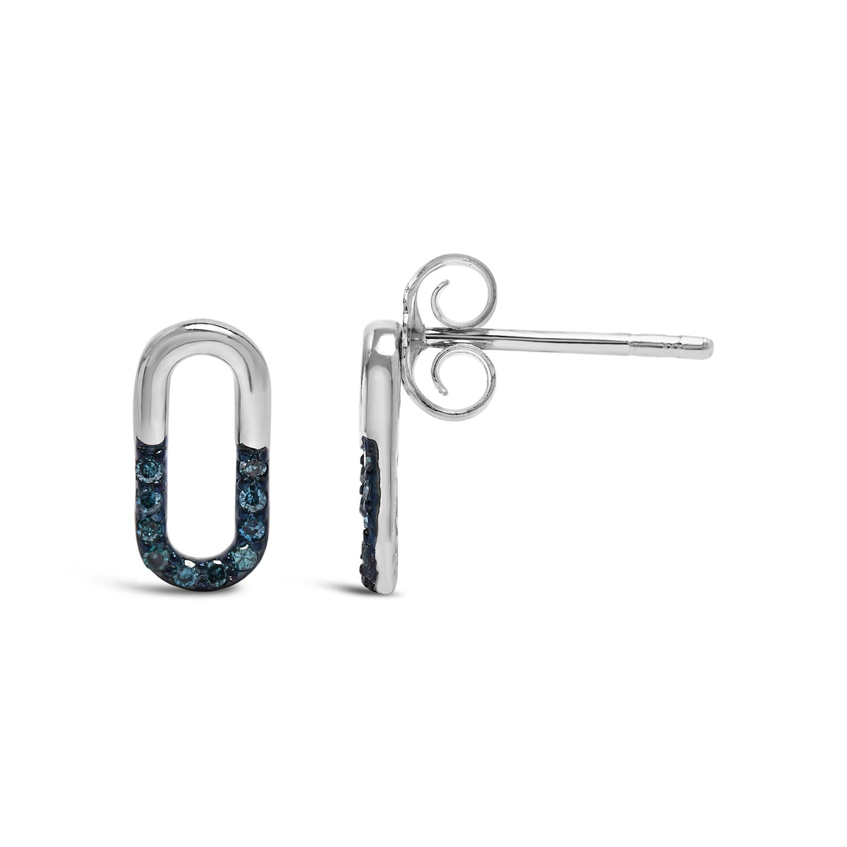 925 Sterling Silver 1/10 Blue Diamond Diamond Paperclip Stud Earrings (Blue, SI1-SI2 Clarity)