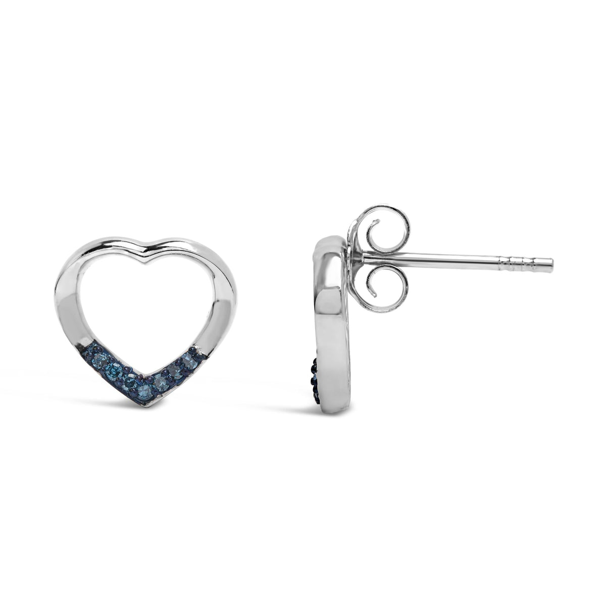 .925 Sterling Silver Blue Diamond Accent Open Heart Stud Earrings (Blue Color, SI1-SI2 Clarity)