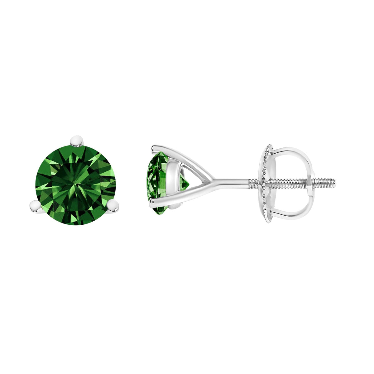 14K White Gold 1 1/2 Cttw 3-Prong Martini Set Brilliant Round-Cut Solitaire Lab Grown Green Diamond Screwback Stud Earrings (Green Color, VS2-SI1 Clarity)