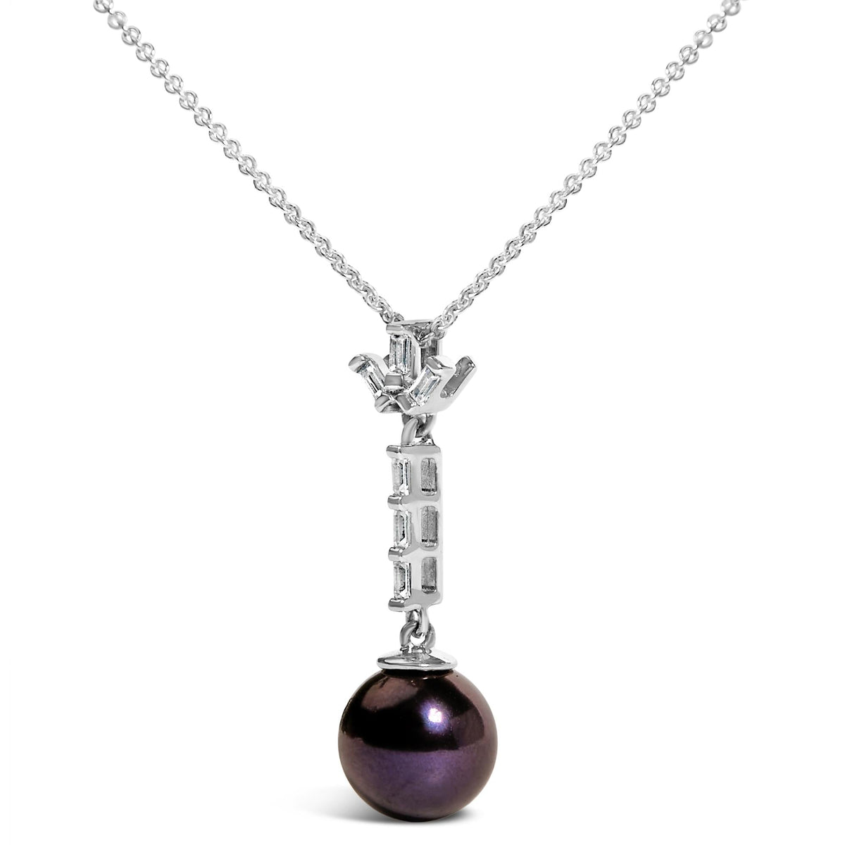 .925 Sterling Silver 8mm Black Pearl and Created White Sapphire Pendant Pendant Necklace