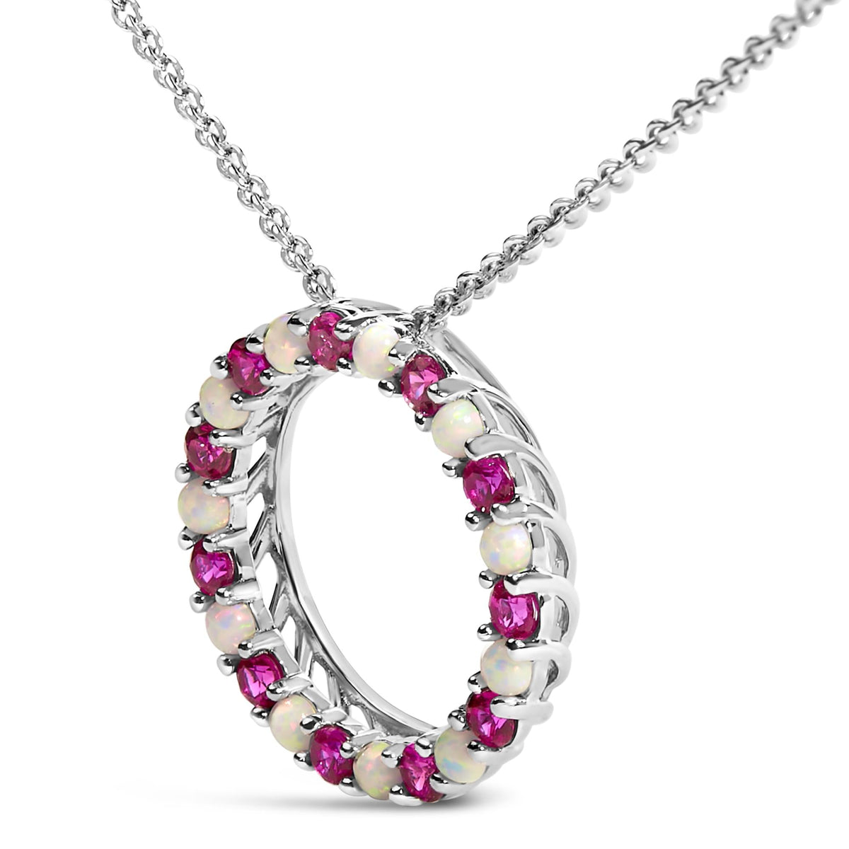 .925 Sterling Silver Alternating Created Red Ruby and Opal Circle Pendant Necklace