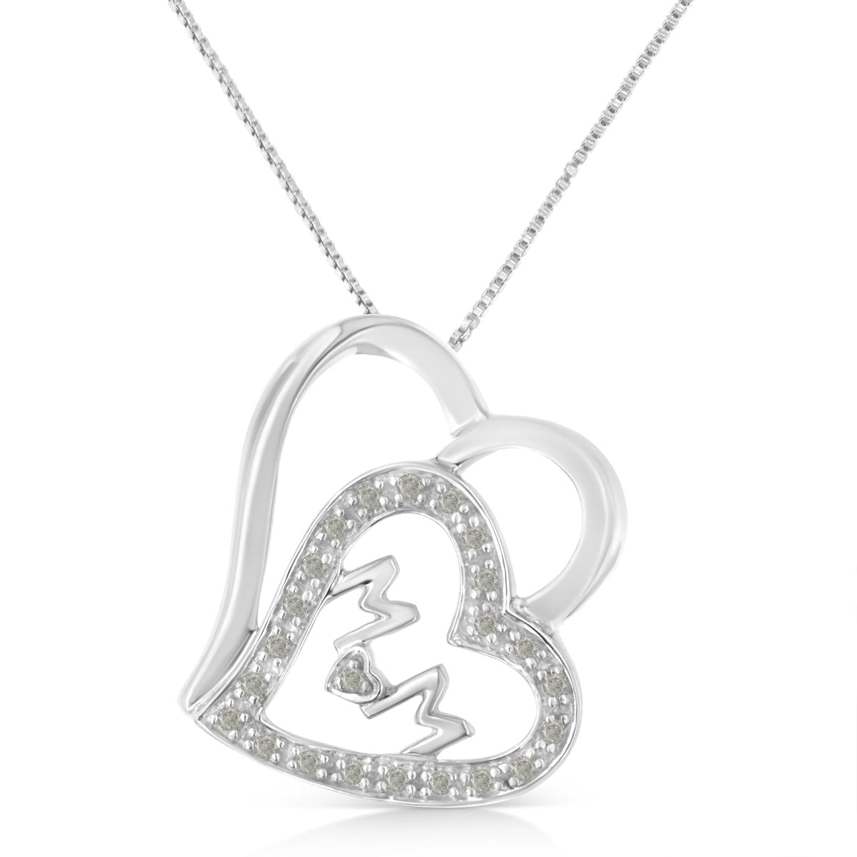 .925 Sterling Silver 1/10 Cttw Diamond Double Heart and Mom 18" Pendant Necklace (I-J Color, I3 Clarity) - JackiEaslick