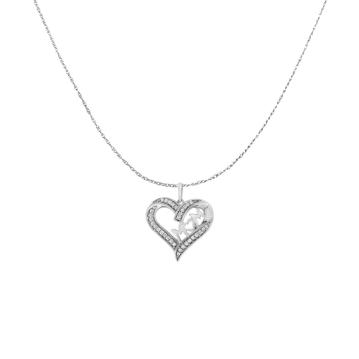 .925 Sterling Silver 1/4 cttw Diamond Engraved "Mom" in Heart Pendant Necklace (I-J Color, I3 Clarity) - JackiEaslick