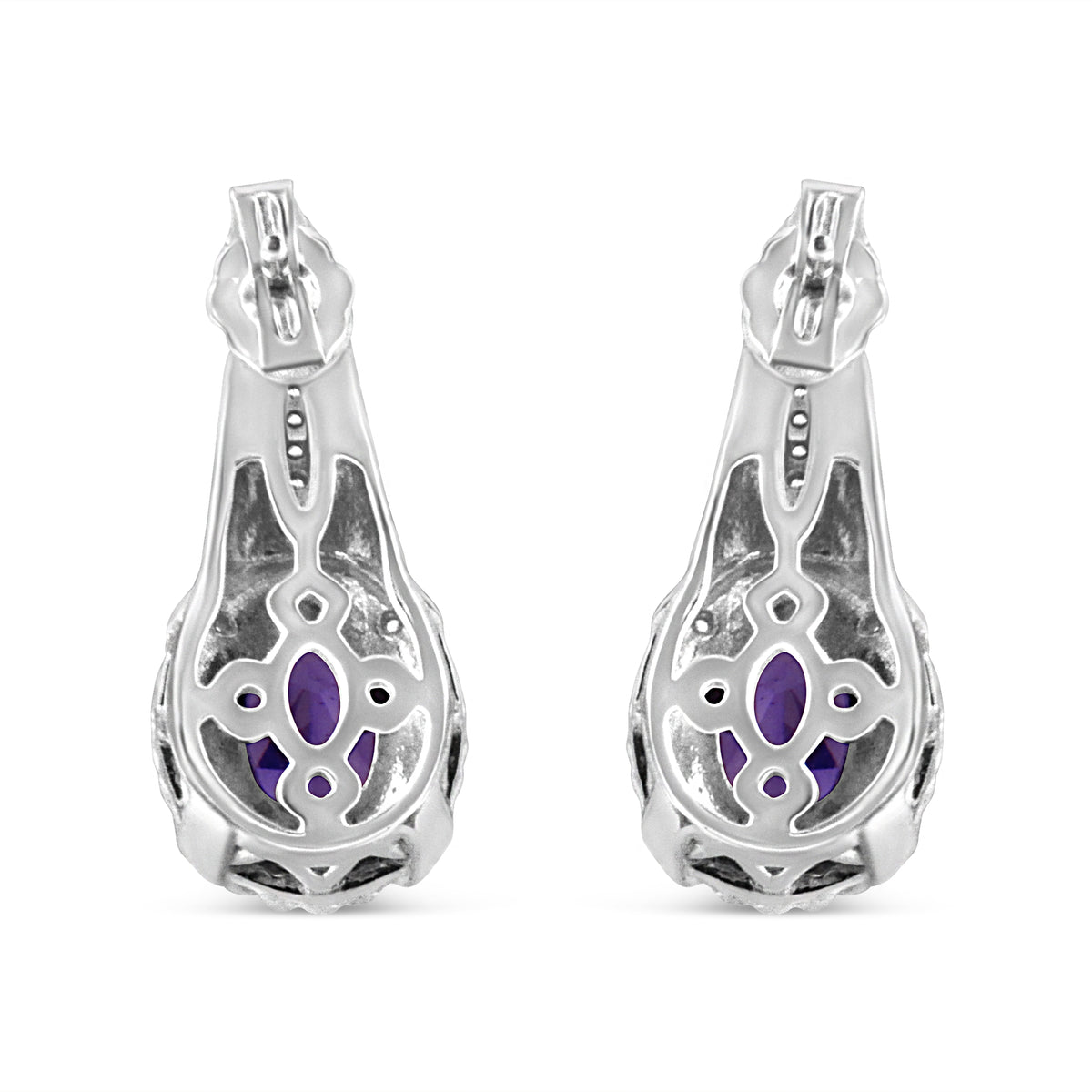 .925 Sterling Silver 8x6 MM Natural Oval Purple Amethyst Gemstone and Diamond Accent Art Deco Style Drop and Dangle Earrings (I-J Color, I1-I2 Clarity)
