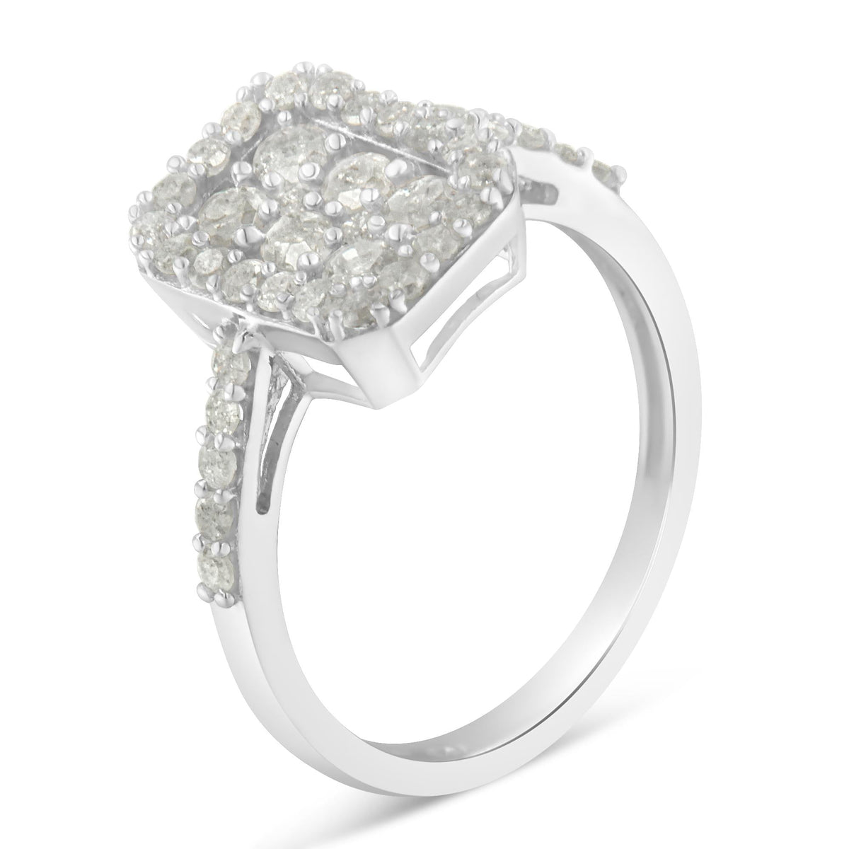 .925 Sterling Silver 1.0 Cttw Diamond Emerald-Shaped Cluster with Halo Cathedral Style Cocktail Ring (I-J Color, I3 Clarity) - JackiEaslick