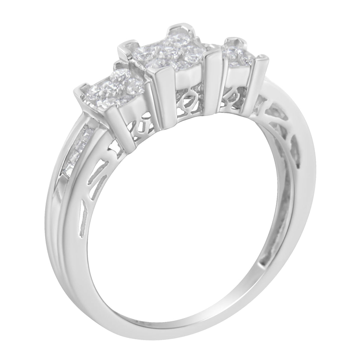 10K White Gold 1/2 Cttw Brilliant & Baguette Cut Diamond 3 Stone Design with 3 Square Clusters Engagement Ring (H-I Color, SI2-I1 Clarity) - JackiEaslick
