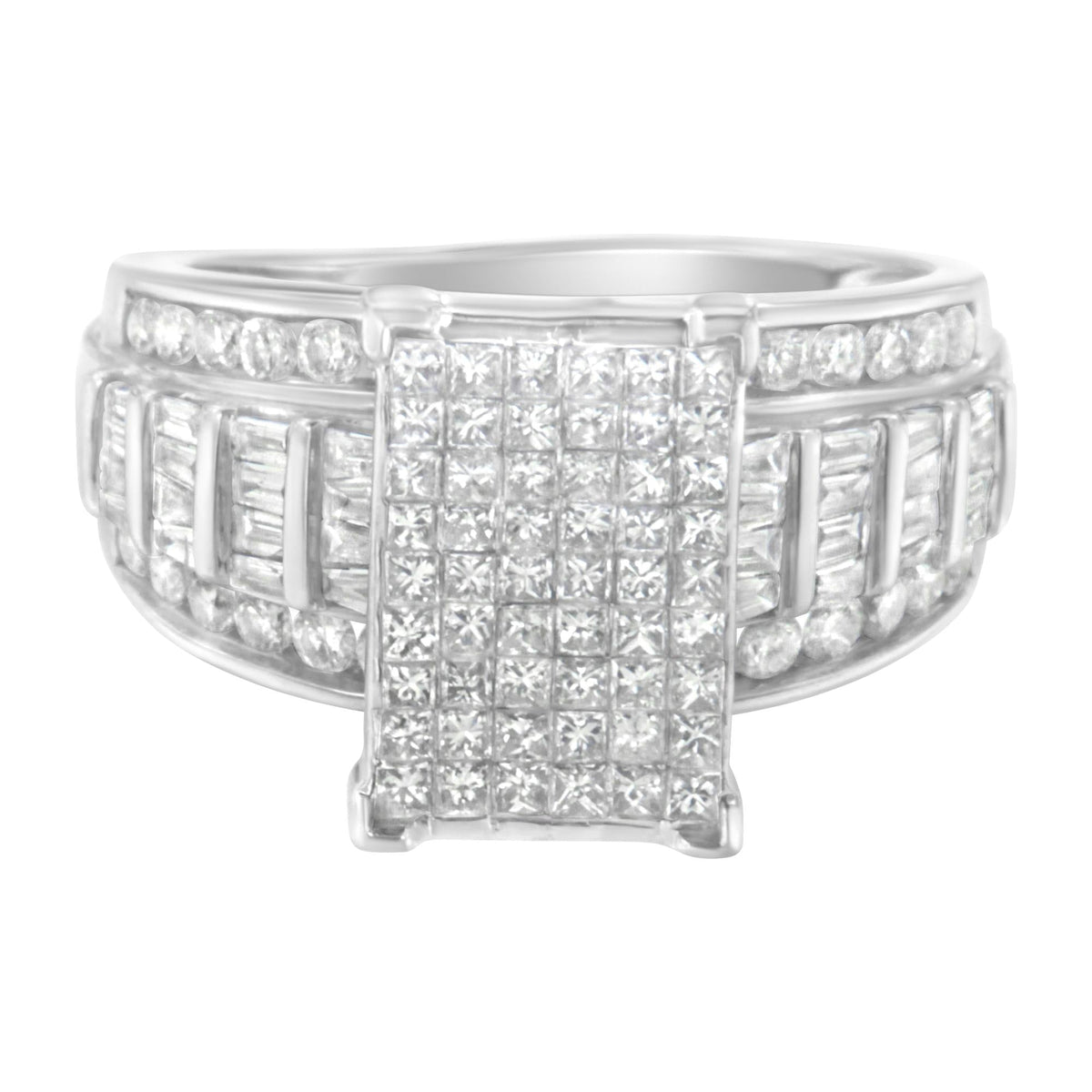 14K White Gold 2.0 Cttw Mixed-Cut Diamond Rectangle Invisible-Set Composite Cluster Ring with Bar- and Channel-Set Band (H-I Color, SI2-I1 Clarity) - JackiEaslick