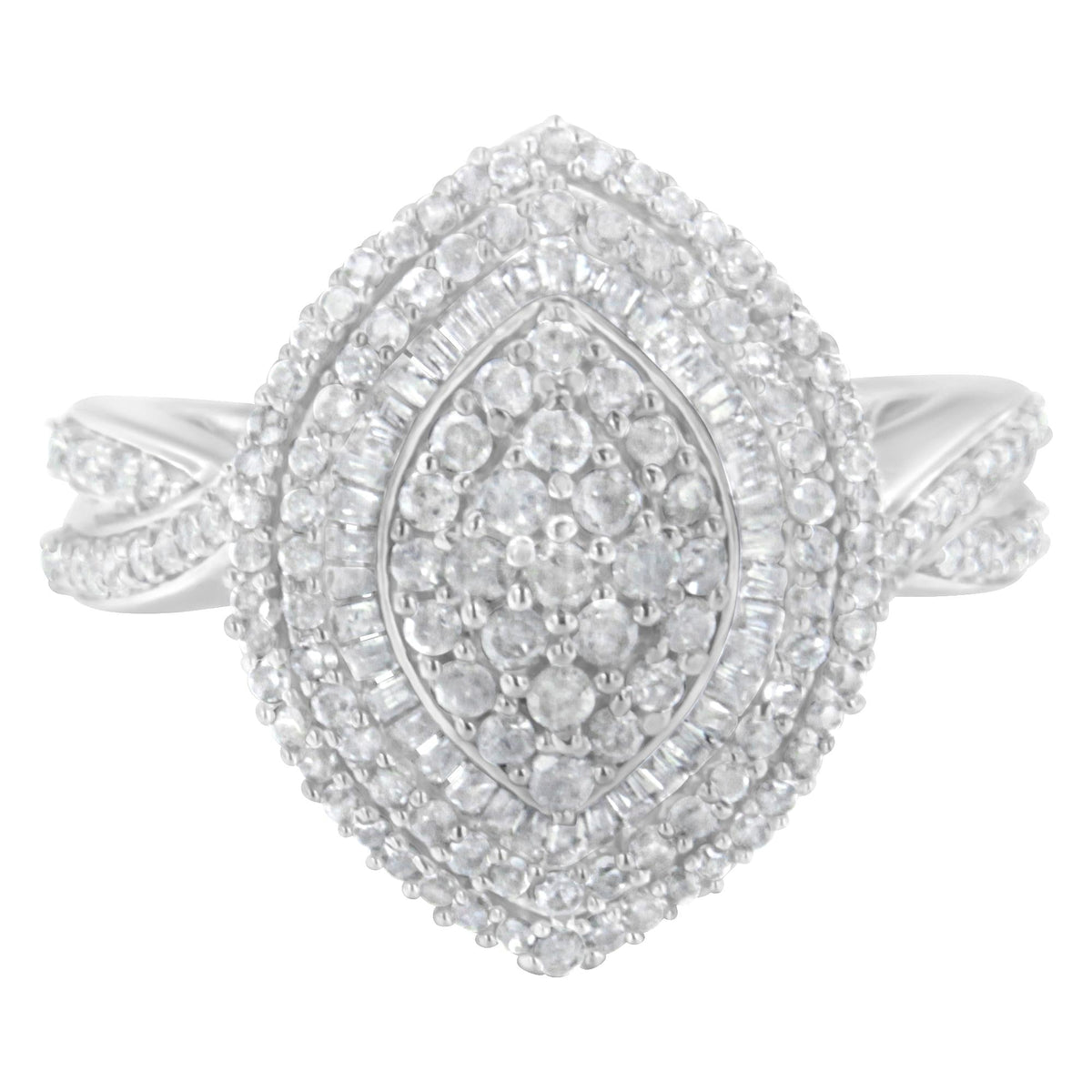 .925 Sterling Silver 1.0 Cttw Round & Baguette-Cut Diamond Marquise-Shaped Cluster Triple Stepped Halo Cocktail Fashion Ring (I-J Color, I2-I3 Clarity) - JackiEaslick