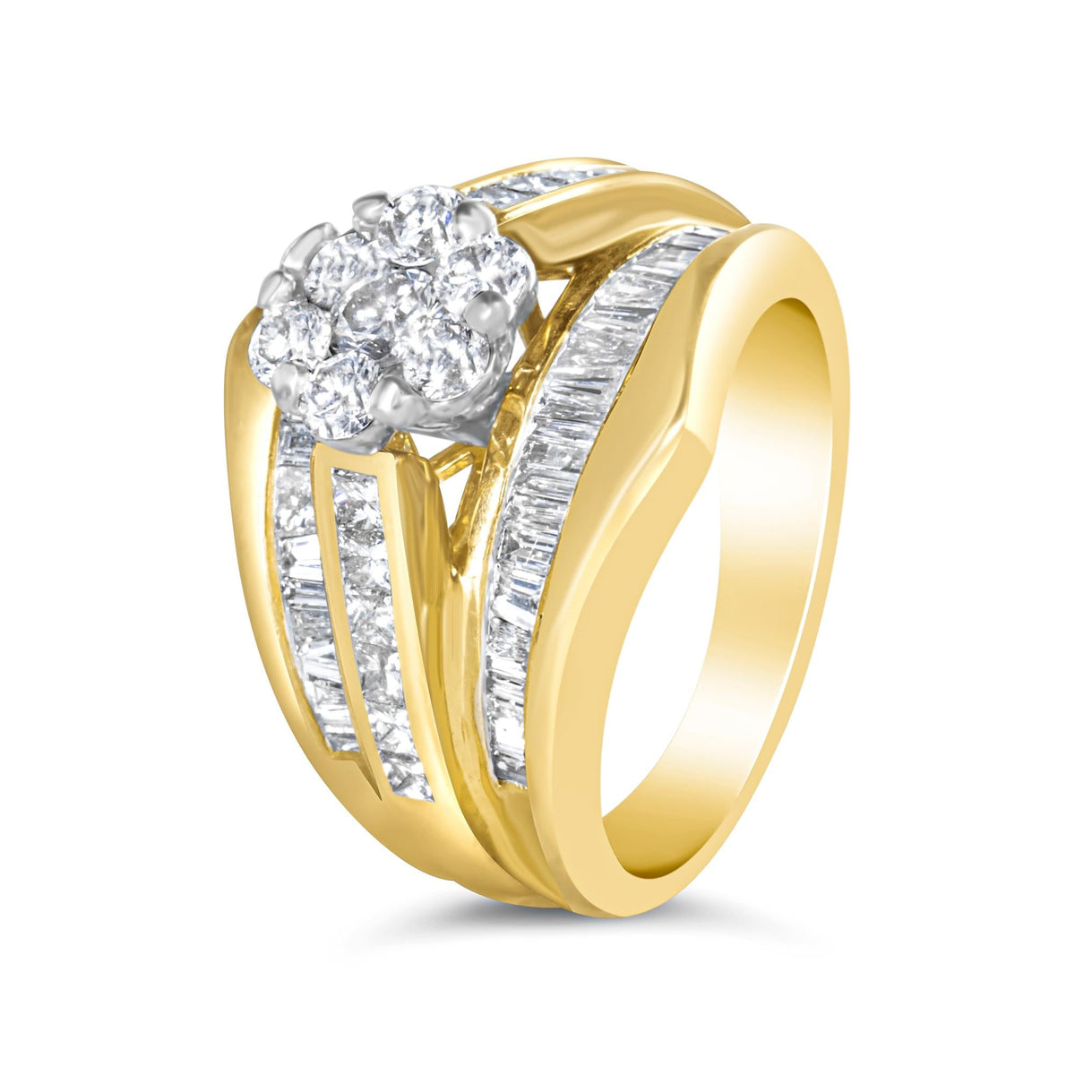 14K Yellow Gold 2-1/3 Cttw Diamond Cluster Channel Set Chevron Shaped Band Engagement Ring & Wedding Band Set (H-I Color, SI1-SI2 Clarity)- - JackiEaslick
