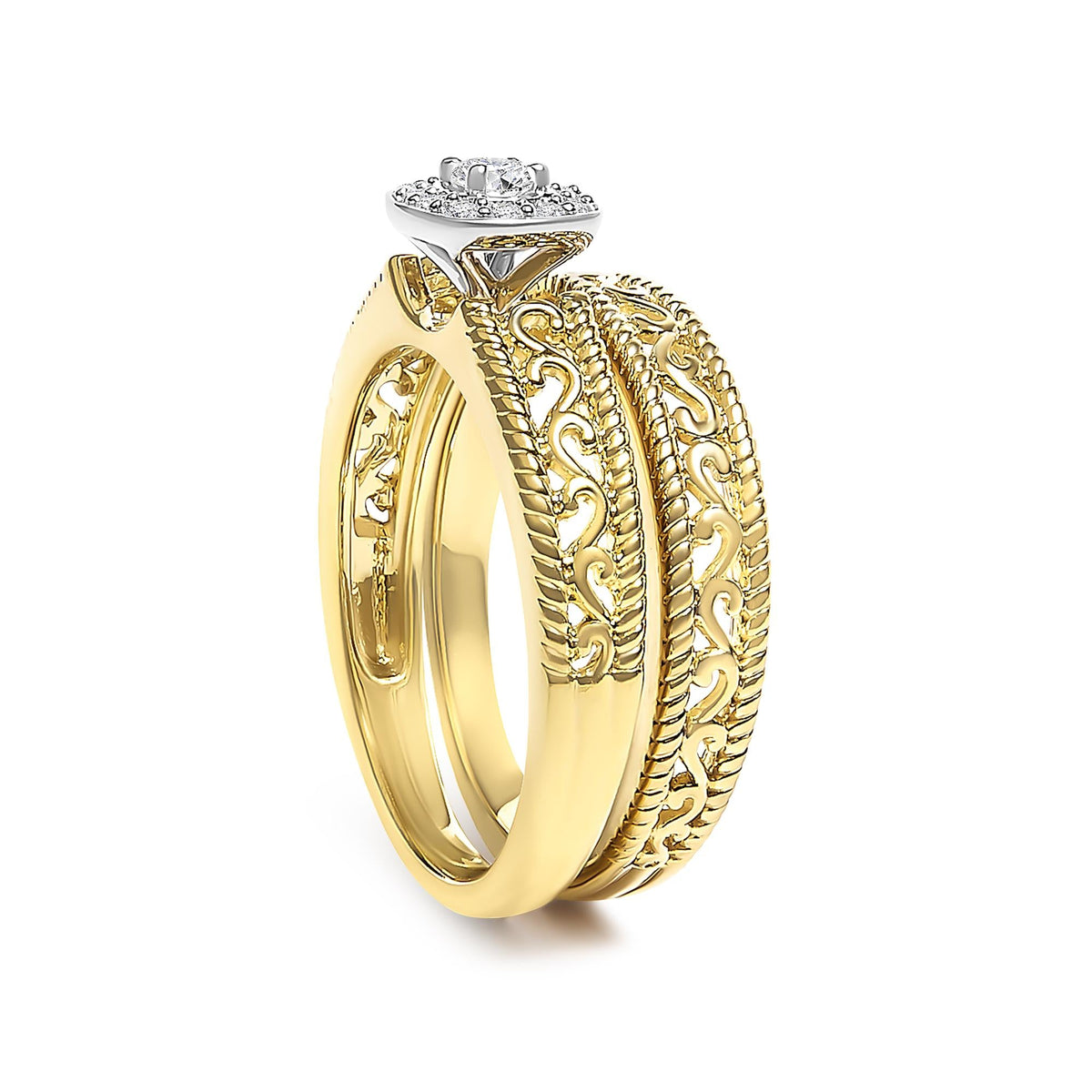 14K Yellow Gold Plated .925 Sterling Silver 1/5 Cttw Diamond Halo and Milgrain Finish Engagement Ring Bridal Set (I-J Color I3 Clarity)