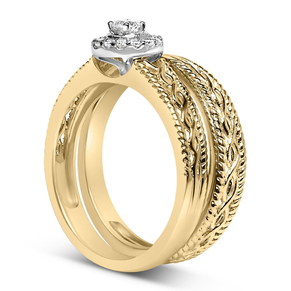 14K Yellow Gold Plated .925 Sterling Silver 1/5 Cttw Diamond Halo Engagement Ring and Wedding Band Set (I-J Color, I3 Clarity)