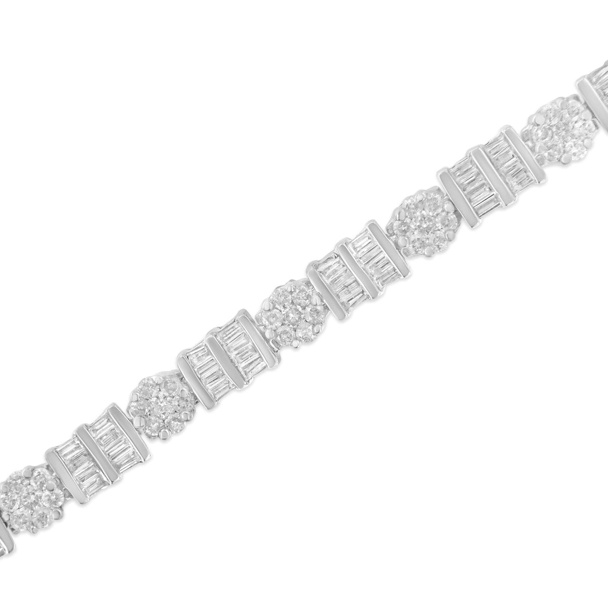 14K Gold 3-3/8 Cttw Round & Baguette-Cut Diamond Cluster Alternating Station 7" Tennis Bracelet (H-I Color, I1-I2 Clarity)