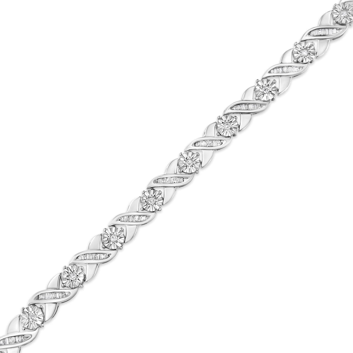 .925 Sterling Silver 1.0 Cttw Round-Brilliant and Baguette Cut Diamond Miracle-Set X-Link 7" Tennis Bracelet (I-J Color, I2-I3 Clarity) - JackiEaslick
