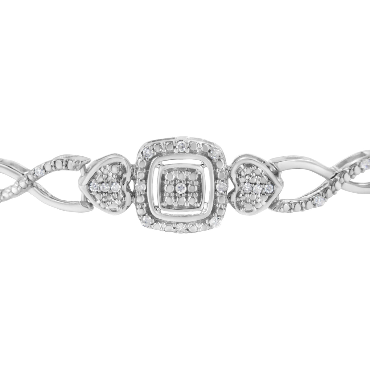 .925 Sterling Silver Diamond Cushion Frame Heart-Sides Twist 4”-10” Adjustable Bolo Tennis Bolo Bracelet (I-J Color, I3 Clarity) - JackiEaslick