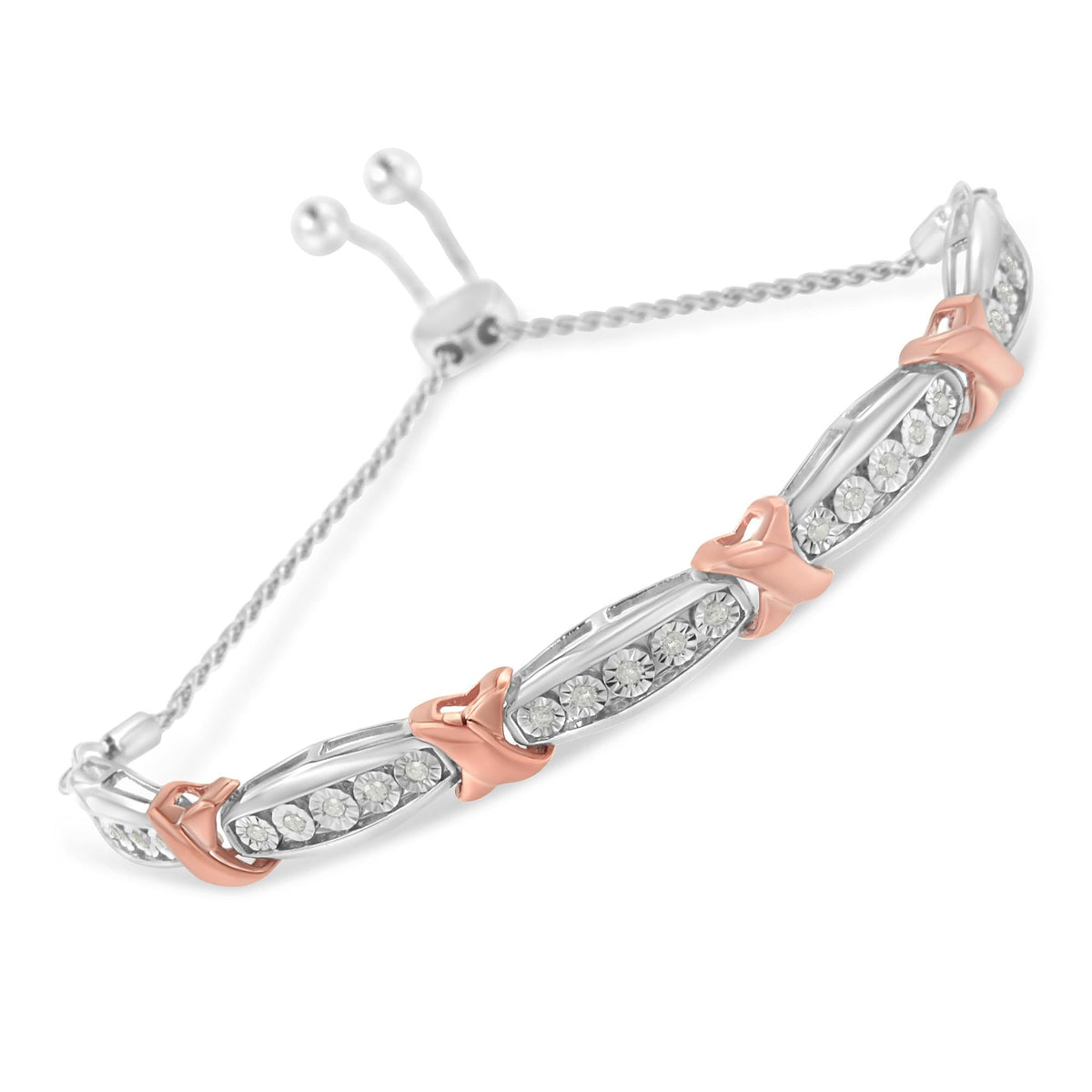 .925 Sterling Silver 1/4 Cttw Round-Cut Diamond X & Tapered Bar Miracle-Set Bolo Bracelet (I-J Color, I3 Clarity) - Two Tone Rose Gold & Silver - JackiEaslick