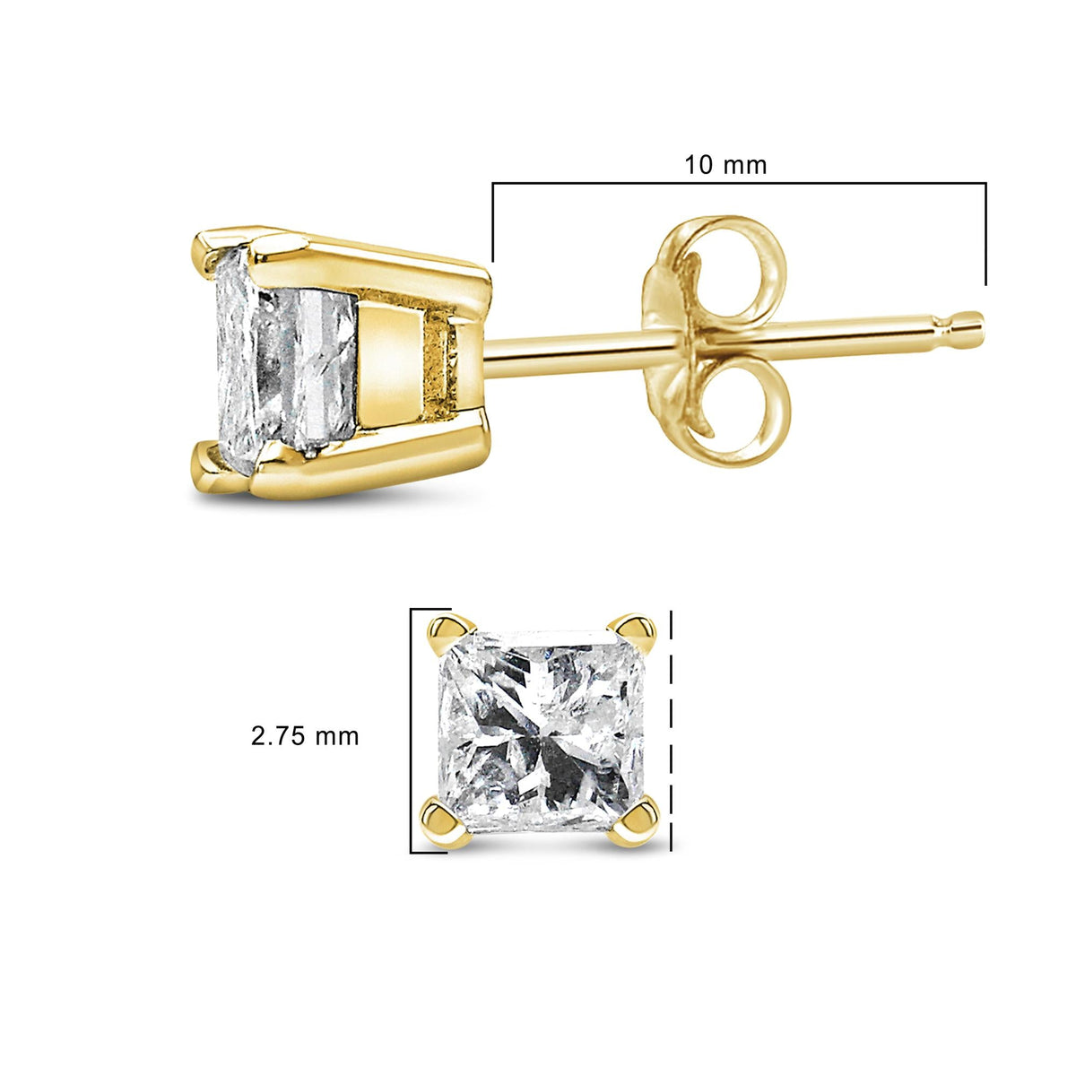 IGI Certified 14k Yellow Gold 1/2 cttw 4-Prong Set Princess-Cut Solitaire Diamond Push Back Stud Earrings (N-O Color, I1-I2 Clarity)