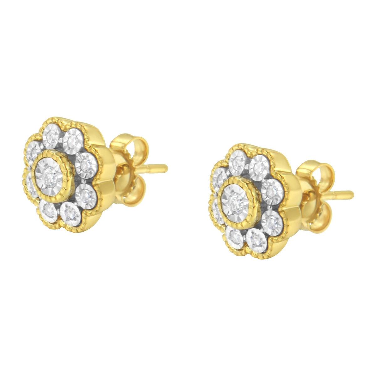 14K Yellow Gold Plated .925 Sterling Silver 1/6 Cttw Miracle-Plate Set Diamond Floral Stud Earrings (I-J Color, I2-I3 Clarity) - JackiEaslick