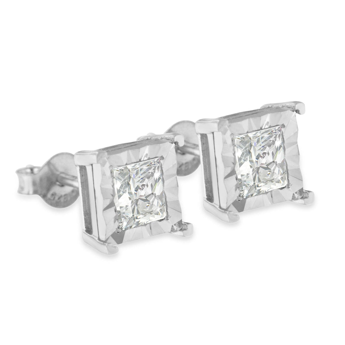 .925 Sterling Silver Miracle Set Princess-cut Diamond Solitaire Stud Earrings (H-I Color, I2-I3 Clarity)