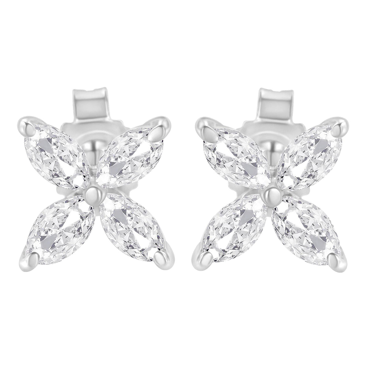 14K Gold Marquise Diamond 8 Stone Floral Leaf Stud Earrings (I-J Color, SI2-I1 Clarity)