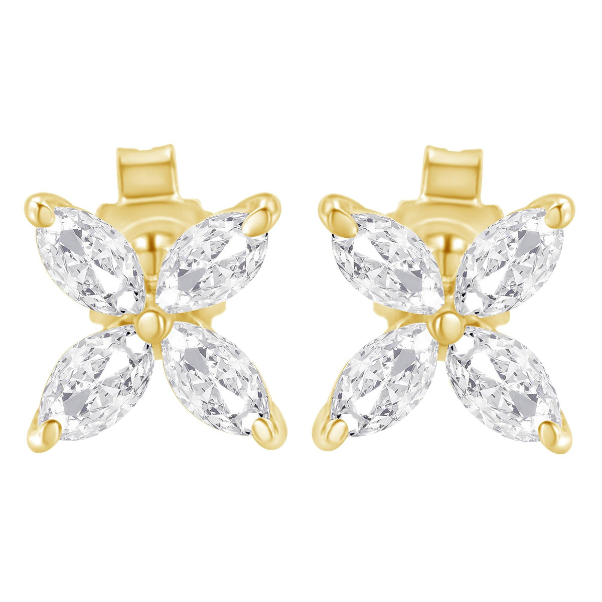 14K Gold Marquise Diamond 8 Stone Floral Leaf Stud Earrings (I-J Color, SI2-I1 Clarity)