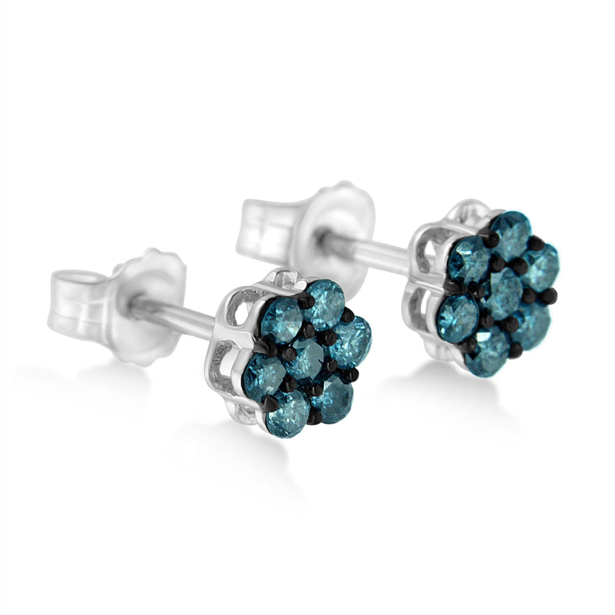 Sterling Silver Treated Blue Diamond Floral Stud Earrings (1/2 cttw, Blue Color, I2-I3 Clarity) - JackiEaslick