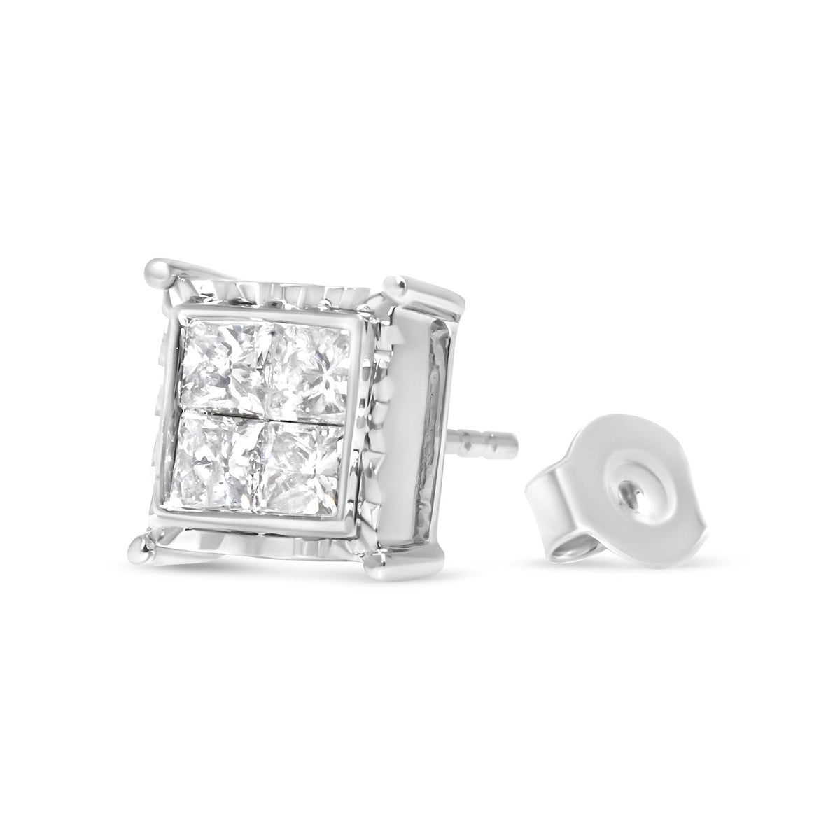 14K White Gold 2.00 Cttw Invisible Set Princess-Cut Lab Grown Diamond Wavy Quad Stud Earrings
