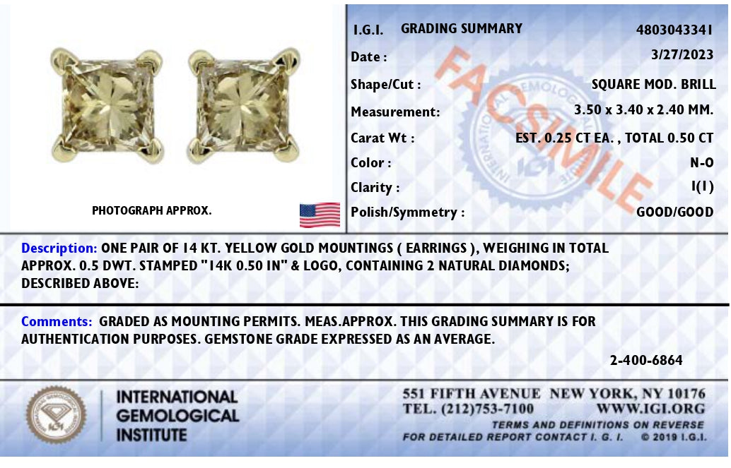 IGI Certified 14k Yellow Gold 1/2 cttw 4-Prong Set Princess-Cut Solitaire Diamond Push Back Stud Earrings (N-O Color, I1-I2 Clarity)