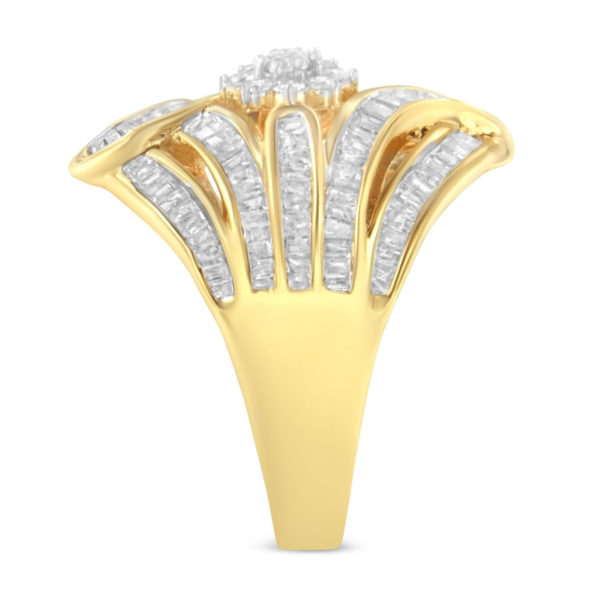 10K Yellow Gold Flashed .925 Sterling Silver 1-1/8 Cttw Round & Baguette Diamond 'Flower & Fern' Cluster Cocktail Fashion Ring (I-J Color, I2-I3 Clarity)