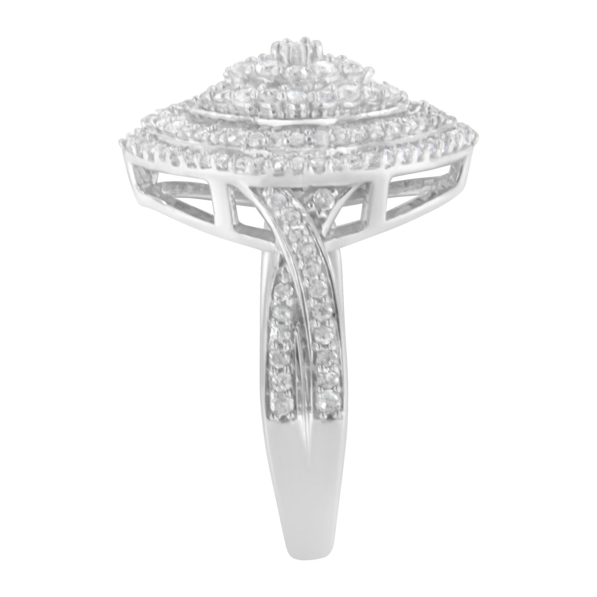 .925 Sterling Silver 1.0 Cttw Round & Baguette-Cut Diamond Marquise-Shaped Cluster Triple Stepped Halo Cocktail Fashion Ring (I-J Color, I2-I3 Clarity) - JackiEaslick