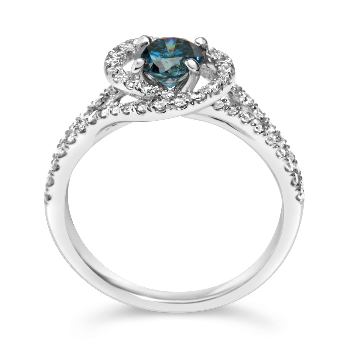 14K White Gold 1-1/3 Cttw White & Blue Diamond Interweaving Double Halo Cocktail Statement Ring (G-H and Fancy Blue Color, SI2-I1 Clarity) - JackiEaslick