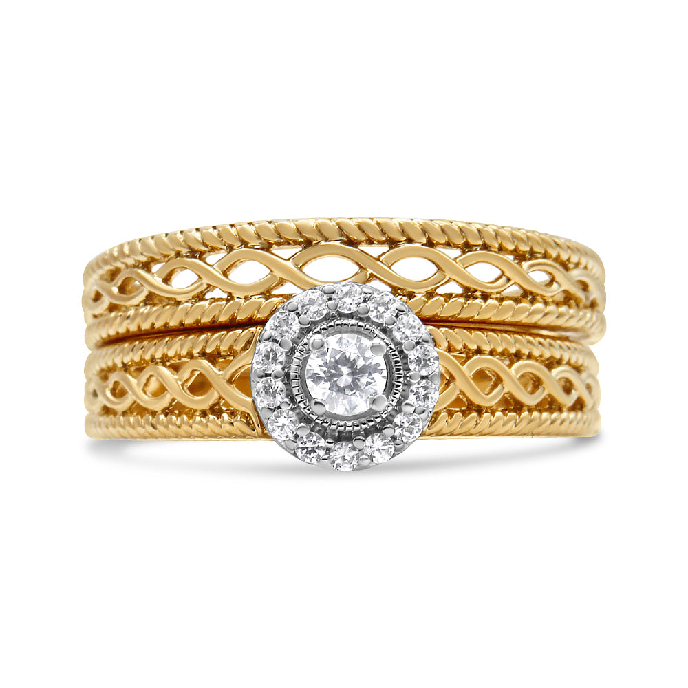 14K Yellow Gold Plated .925 Sterling Silver 1/5 Cttw Diamond Halo Engagement Ring and Wedding Band Set (I-J Color, I3 Clarity)