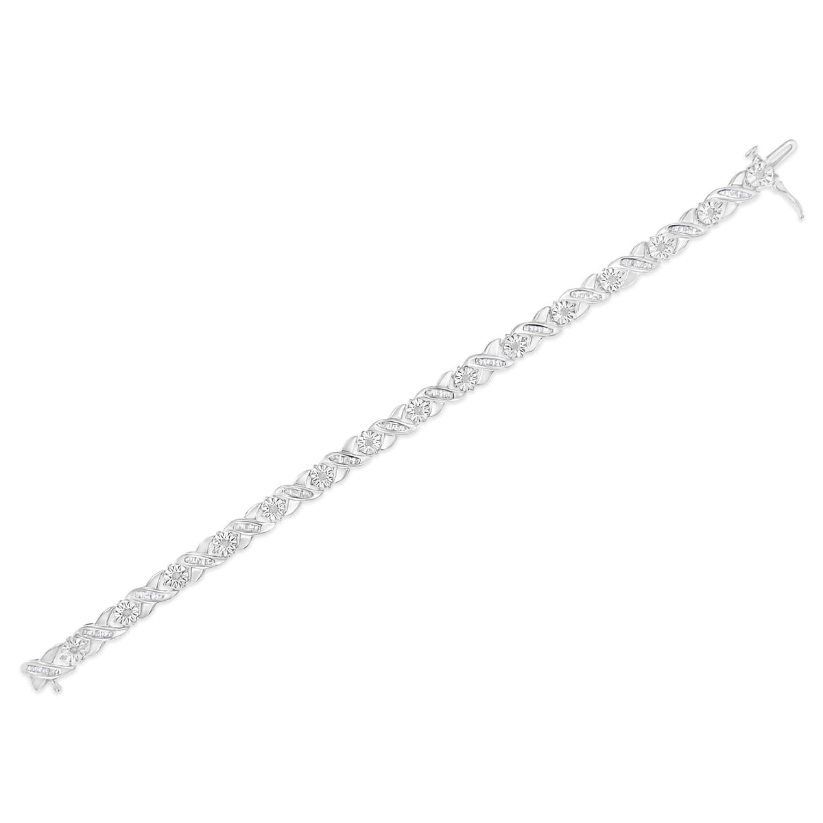 .925 Sterling Silver 1.0 Cttw Round-Brilliant and Baguette Cut Diamond Miracle-Set X-Link 7" Tennis Bracelet (I-J Color, I2-I3 Clarity) - JackiEaslick