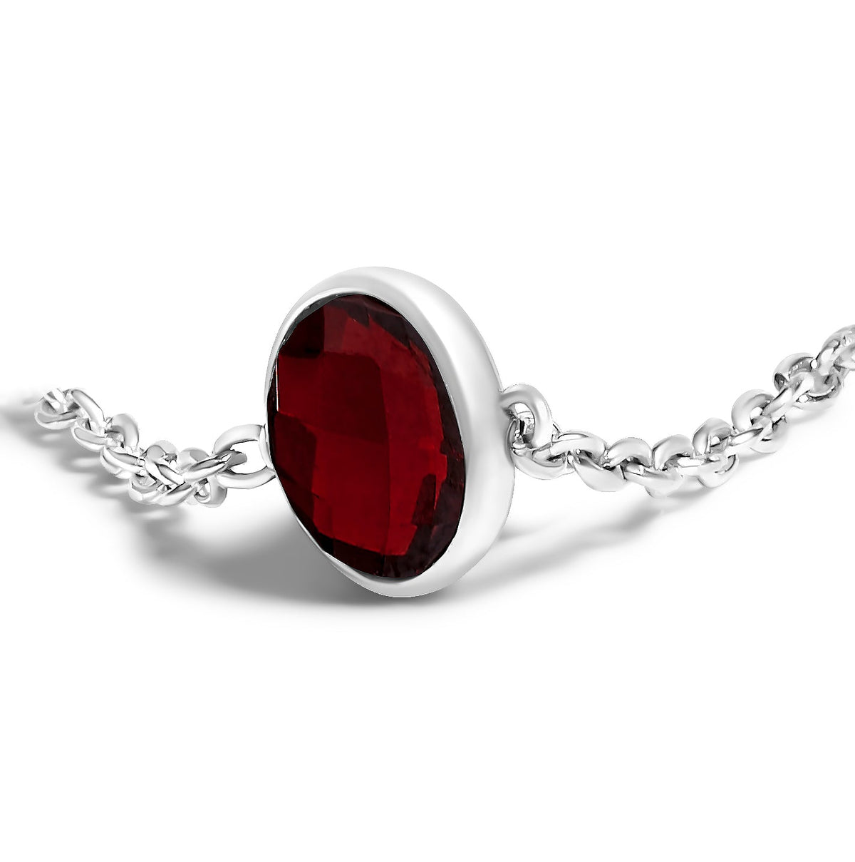 .925 Sterling Silver Bezel Set Red Garnet 5 Station Adjustable Bolo Bracelet