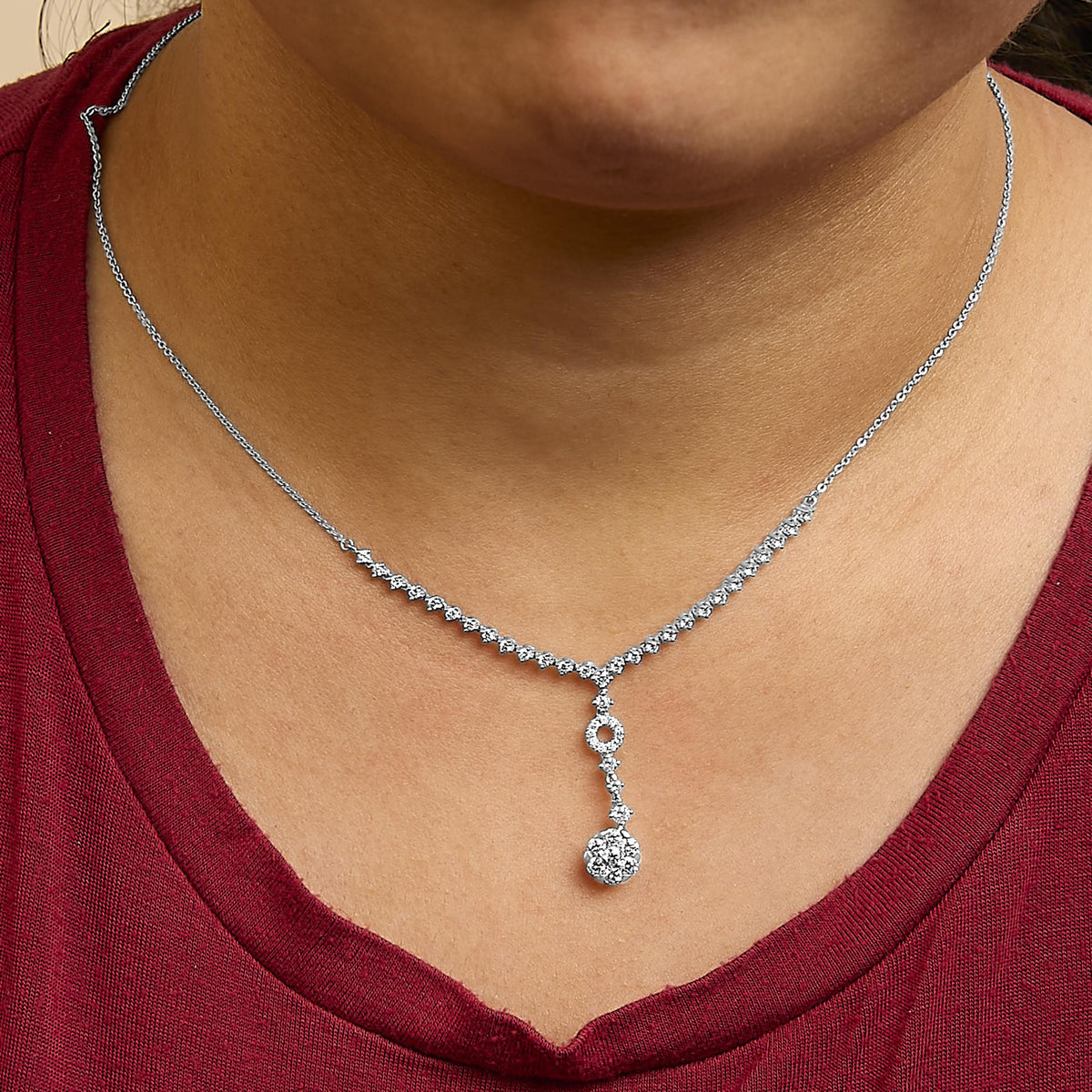 14K White Gold 6/7 Cttw Diamond Drop and V Necklace (H-I Color, SI1-SI2 Clarity) -18" Inches