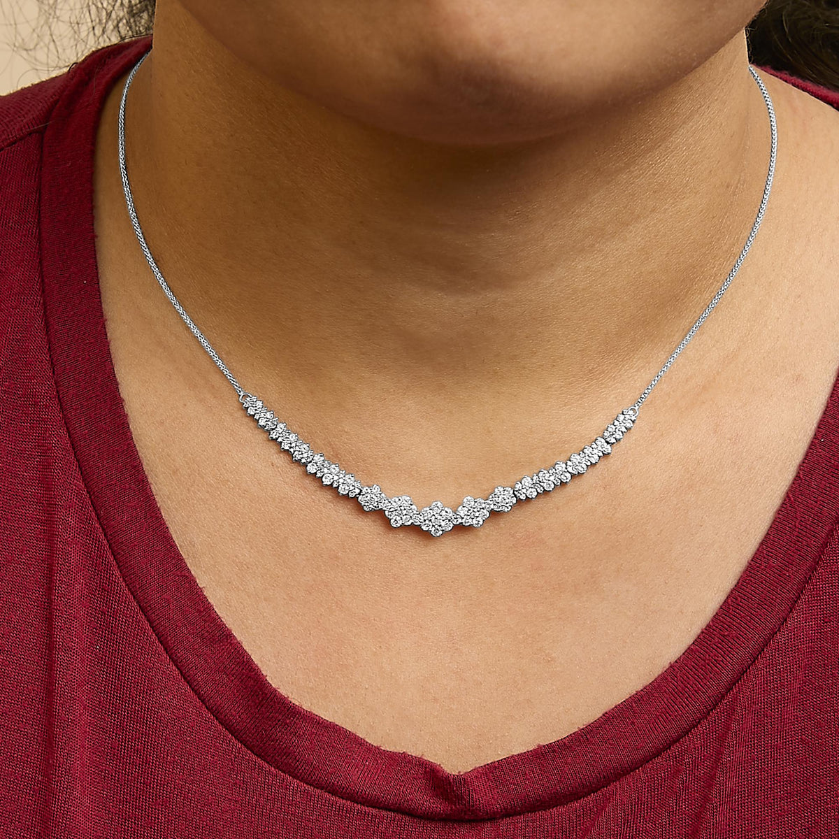14K White Gold 2.00 Cttw Diamond Composite Cluster Bar Necklace (H-I Color, I2-I3 Clarity) - 18" Inches
