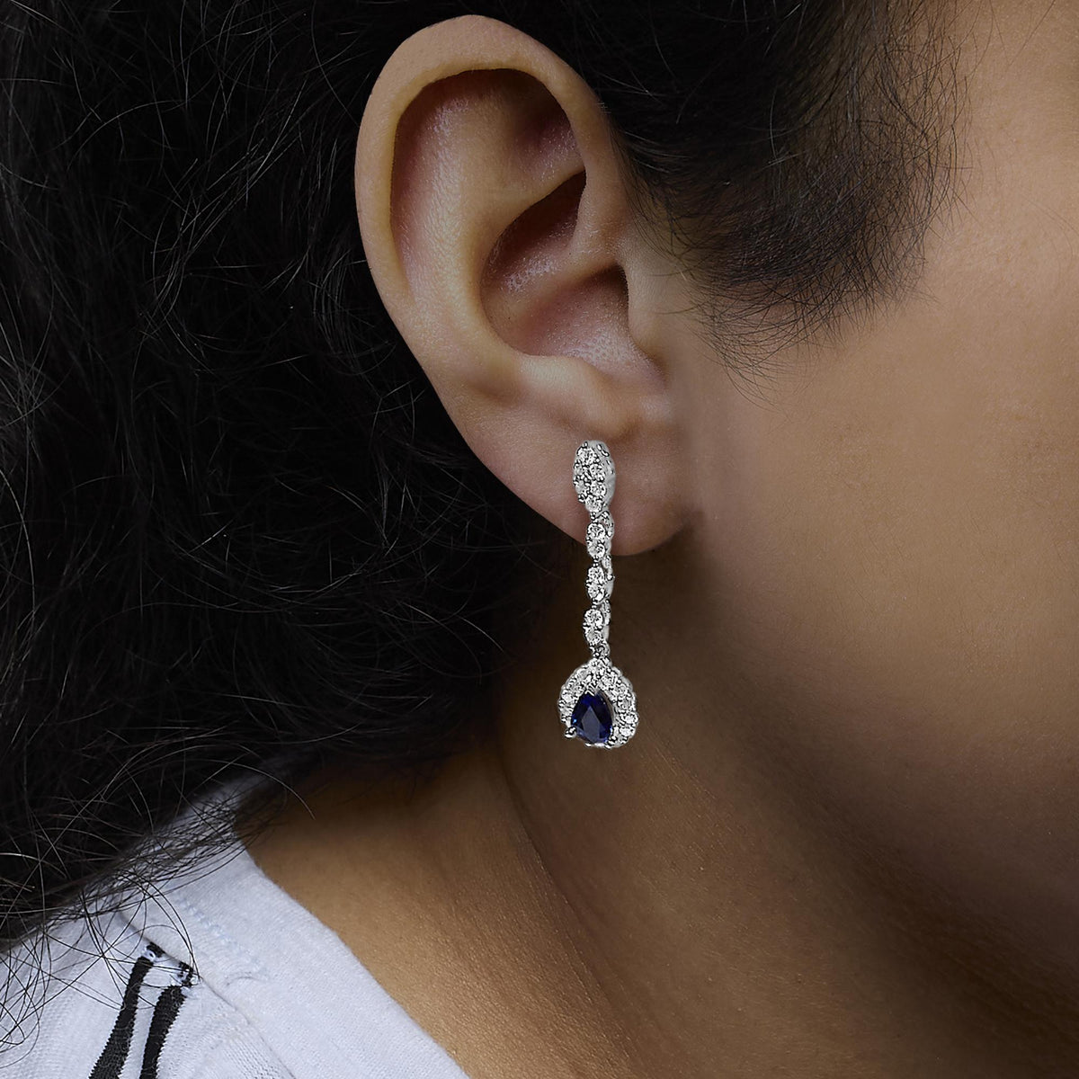 18K White Gold 1 3/5 Cttw Diamond and 7X5 MM Pear Shaped Blue Sapphire 1 1/3 Inch Drop and Dangle Halo Earrings (G-H Color, VS1-VS2 Clarity)