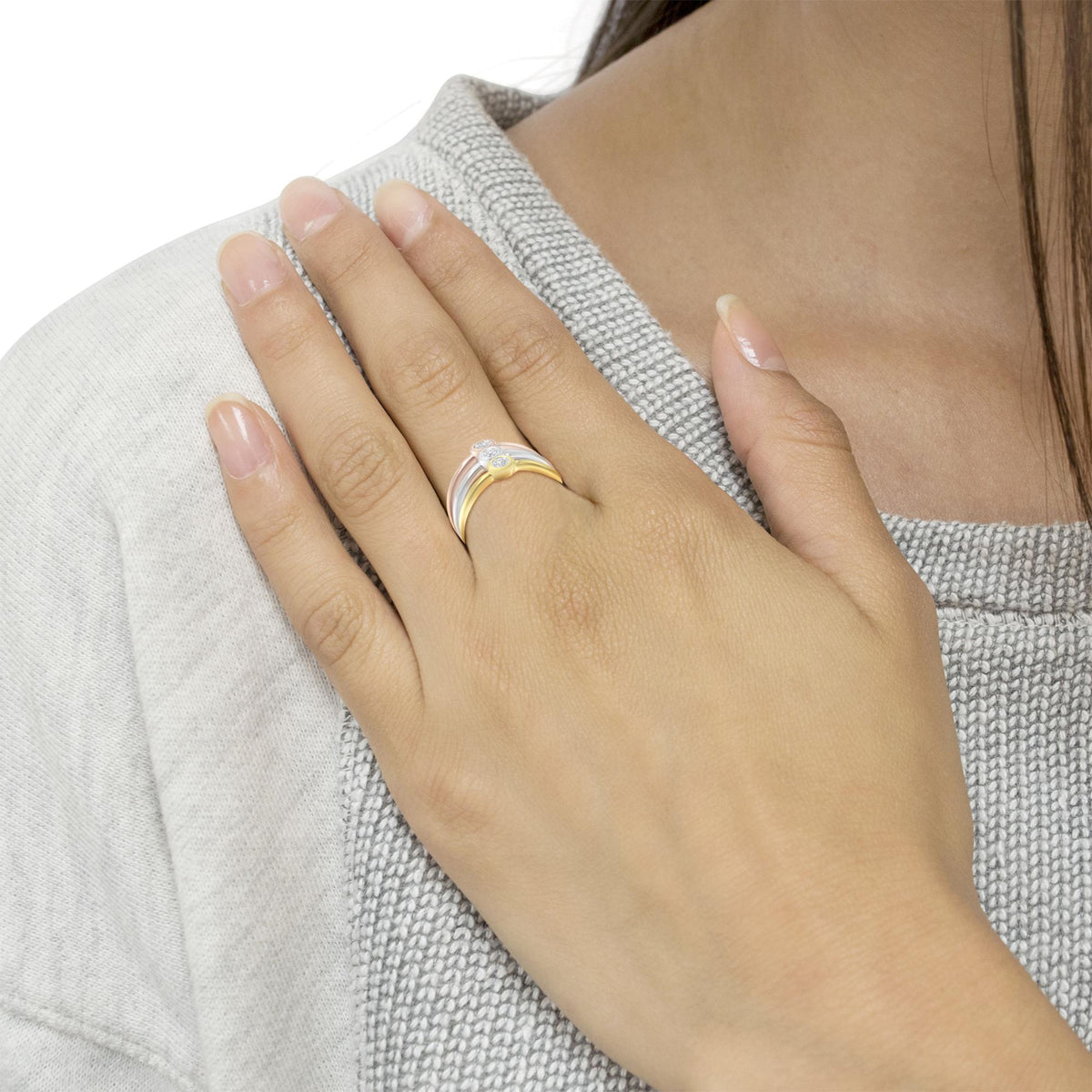 Tri-Color 14K Gold Plated .925 Sterling Silver 1/6 Cttw Round Miracle-Set Diamond Stacking Promise Ring Set (J-K Color, I1-I2 Clarity) - JackiEaslick