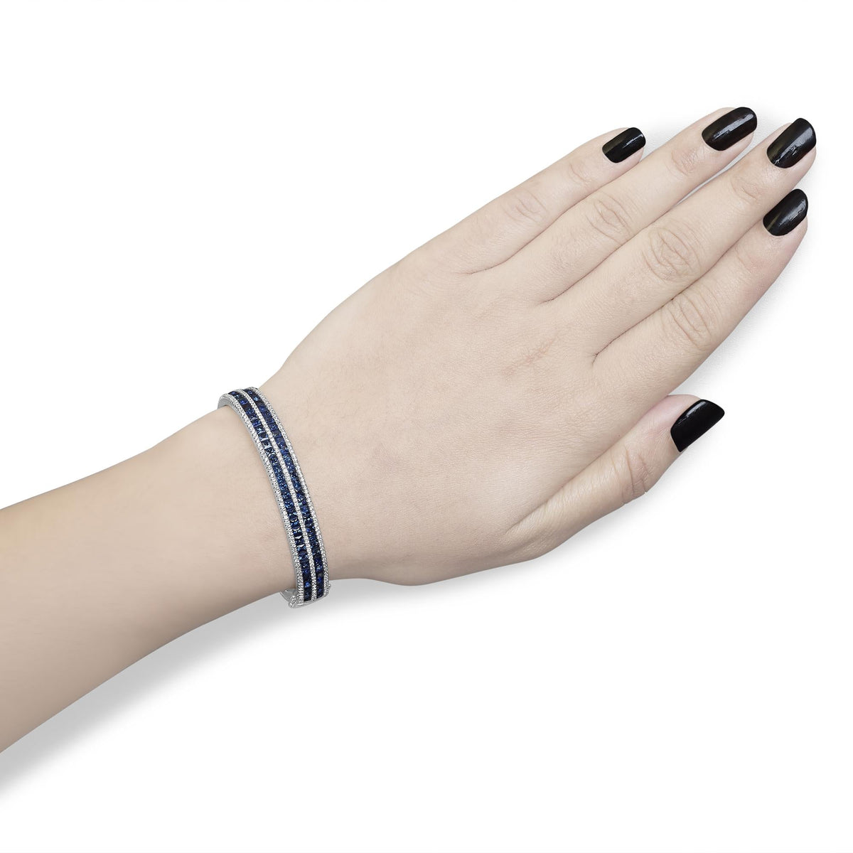 18K White Gold Alternating Diamond and 8.00 Cttw Princess Cut Blue Sapphire Multi Row Bangle Bracelet (G-H Color, VS1-VS2 Clarity) - 7" Inches
