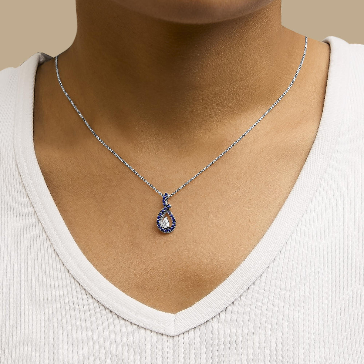 .925 Sterling Silver Created Blue and White Sapphire Teardrop Shaped Pendant Necklace - 18" Inches
